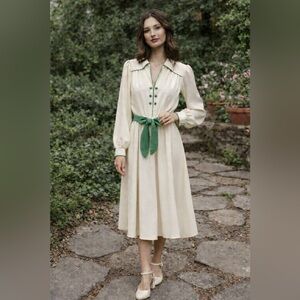 Vintage Lilli Ann Cream Midi Dress Green Trim Prairie Cottagecore Romantic